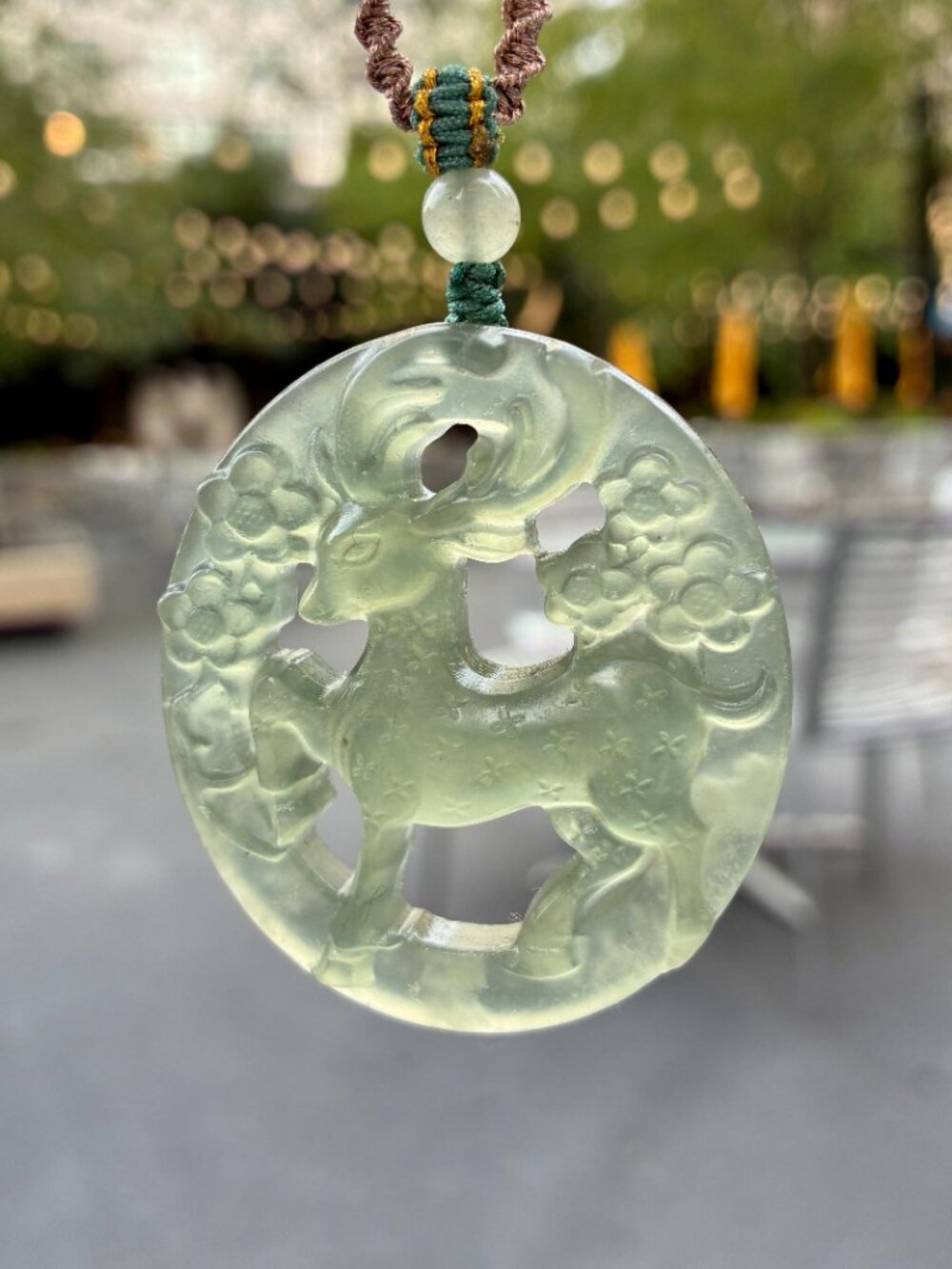 Green Jade Deer Pendant Rope Necklace - Serpentine